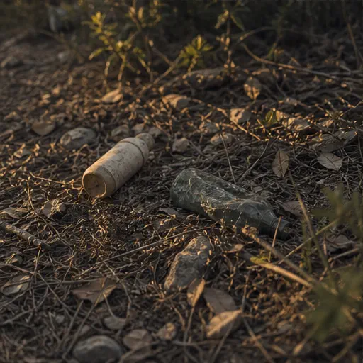 Dos envases genéricos abandonados entre tierra, ramas y hojas.