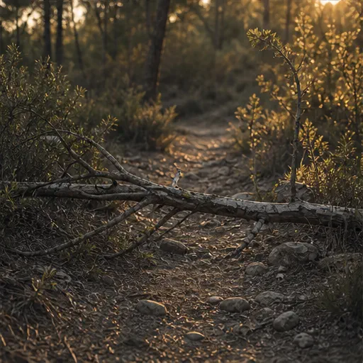 Rama caída que bloquea parcialmente un sendero de tierra.
