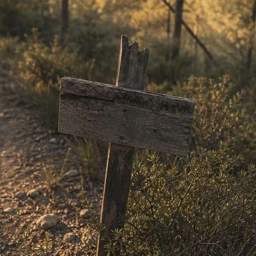 Señal de madera ficticia y deteriorada junto a un sendero.
