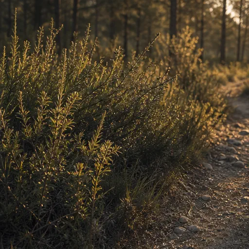 Maleza densa creciendo junto al borde de un sendero forestal.