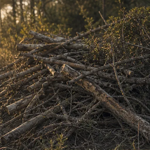 Ramas y restos de poda acumulados sobre el suelo del bosque.