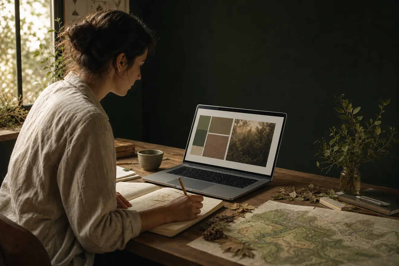 Voluntaria revisa una fotografía forestal junto a un cuaderno y un mapa ficticio.